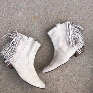 ZARA Cowboy Western Boho Festival Ankle Boots Booties Fringe Leather Suede Beige